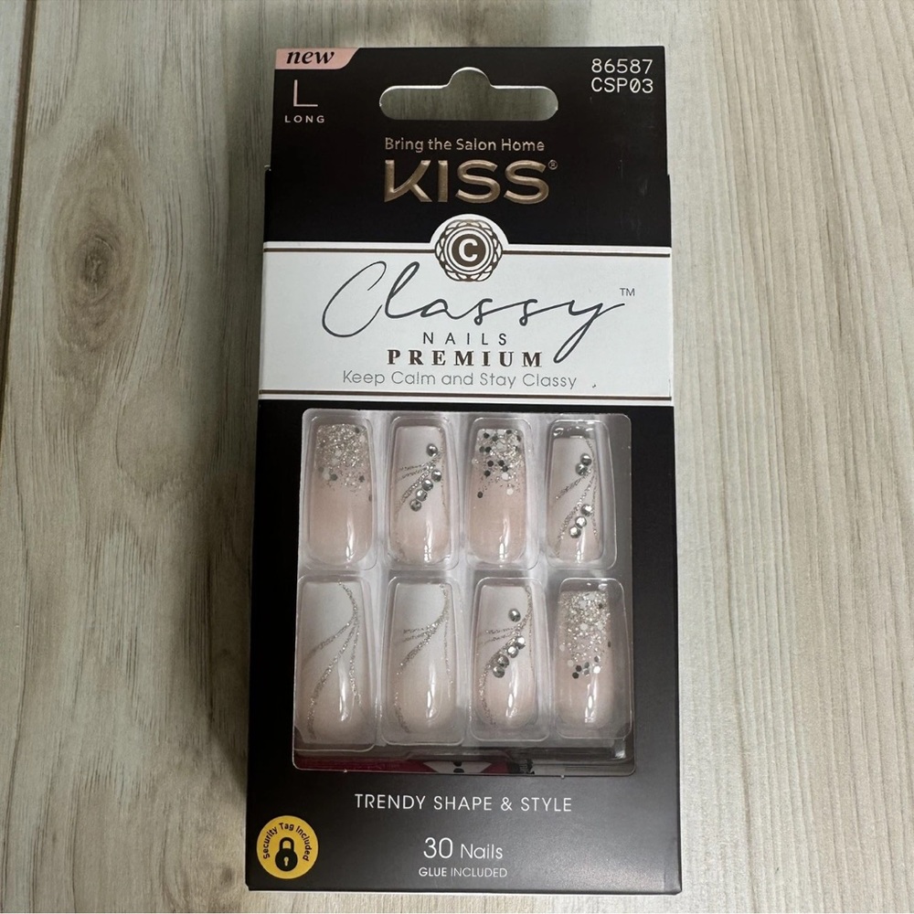 Kiss Classy Premium Press‎ On Nails Long Nude Glitter Rhinestones Wedding Prom